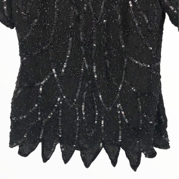 80’s Vintage Stenay Black Beaded Flapper Gatsby Zigzag Hem Short Sleeve Blouse - Picture 4 of 13